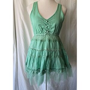Delicia Y2K 90's Sleeveless Lace Trimmed Babydoll Dress Green Sz M Button Accent